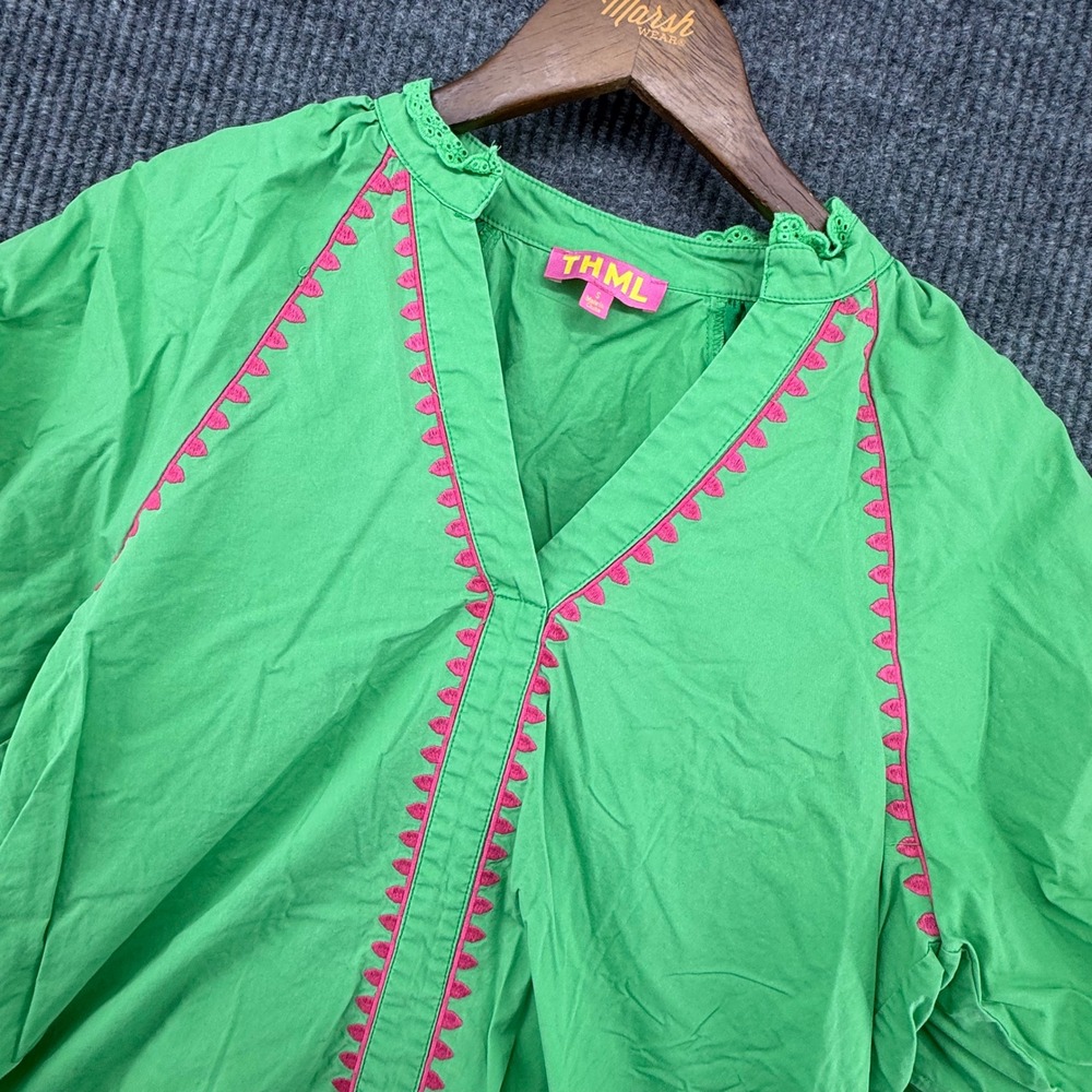 THML Blouse Womens Small Green Excellent Embroidered Puff Sleeve WCT2772-1-GN